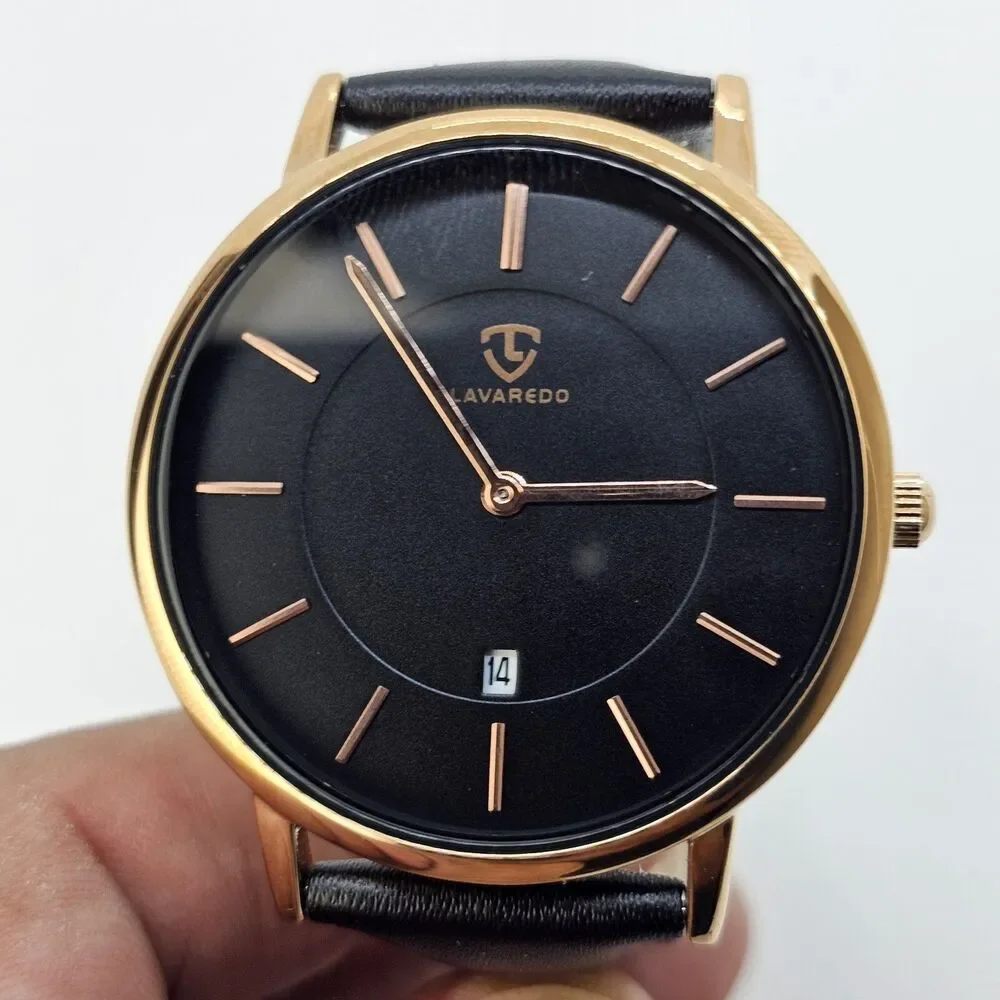 Men's Watch 40MM Black‎ Dial Gold Case Black Leather Band Straps Date Indicator